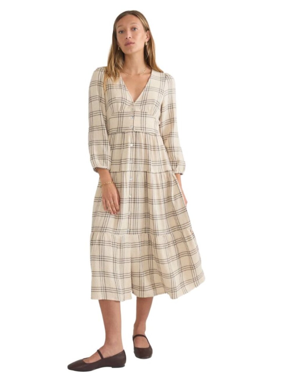NWT $148 Marine Layer Maeve Maxi Dress Cream Windowpane Plaid Medium Flowy Boho